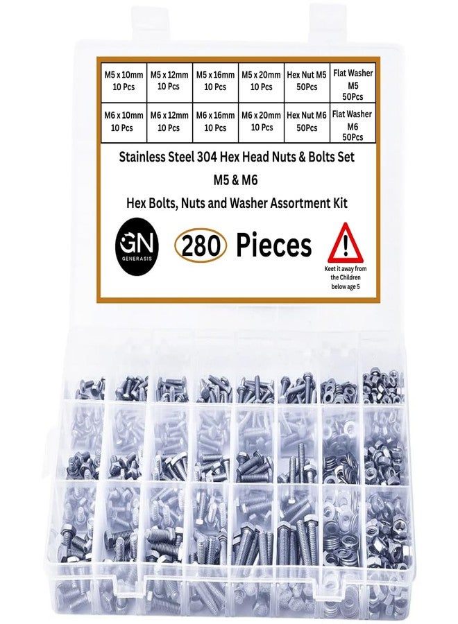 GENERASIS Hex Nut and Bolt Set (Metric Size M5 & M6 | 304 Stainless Steel Hex Bolts, Nuts & Washers Assortment Kit with Storage Box (280 Pieces Large Kit)) - Image 1